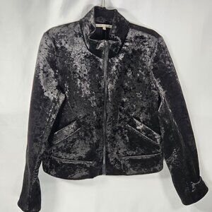 Rachel Roy Womens Large Velvet Bomber Jacket Black Full Zip Pockets